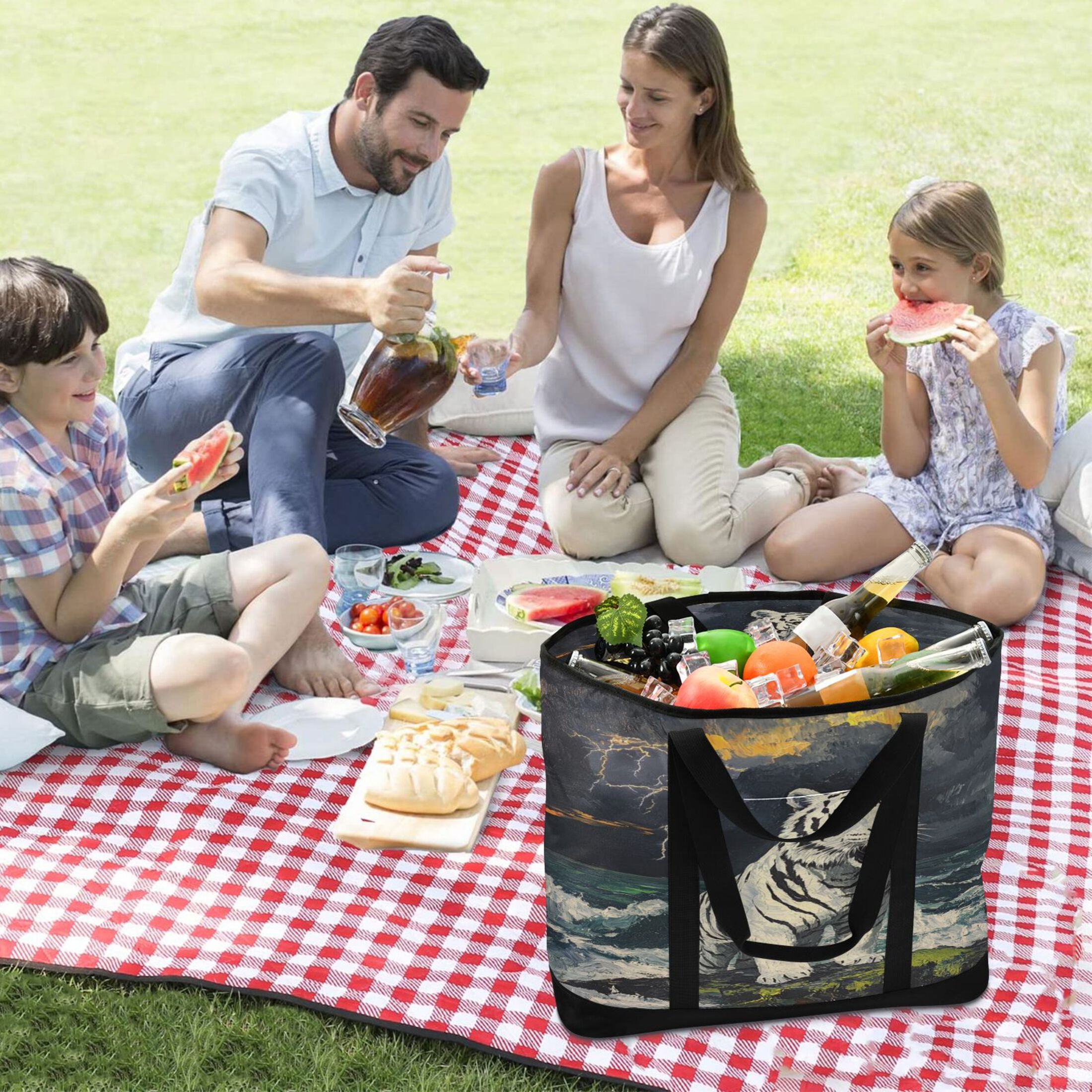 Large Hand-held Ice Pack Picnic Bag Insulation and Refrigeration Suitable for Shopping Picnics and Camping White Tiger