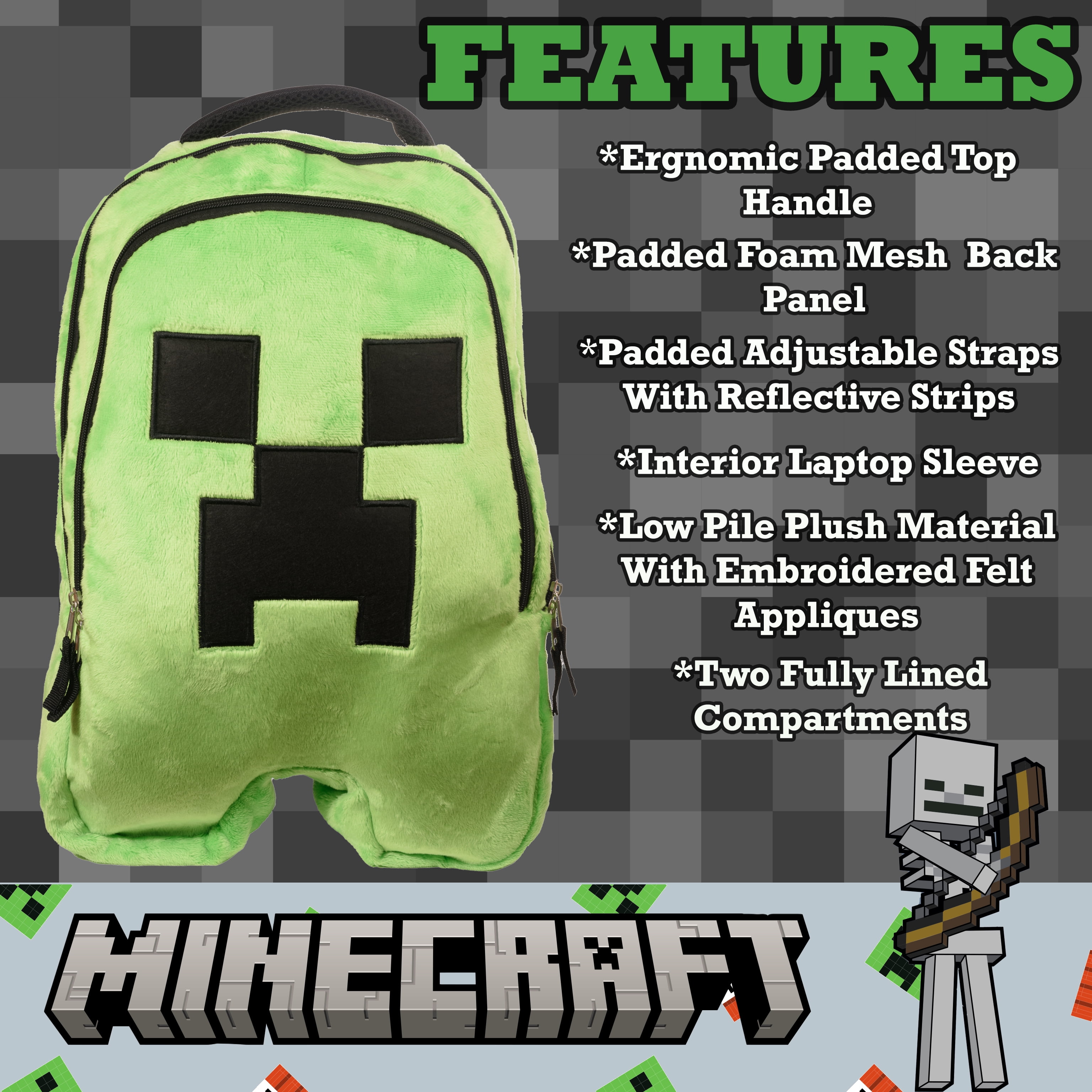 Minecraft Creeper Backpack for Boys & Girls, Gaming Bookbag with Double Compartment, Padded Adjustable Mesh Straps, & Padded Top Handle, 16 Inches