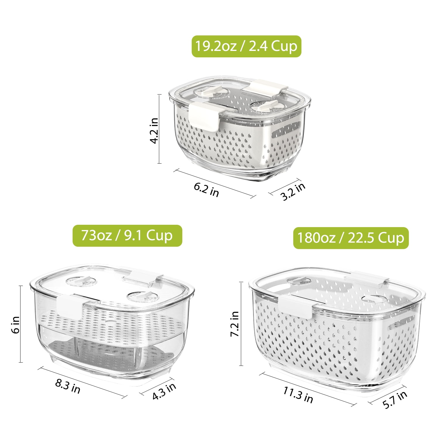 Fresh Container, LUXEAR 3 Pack Fruit Storage Container Partitioned Produce  Container for Refrigerator White 
