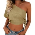 thumbnail image 2 of Women's One Shoulder Tops Short Sleeve Crop Top with Tie Side Textured Breathable Summer Blouse Khaki 2XL, 2 of 7