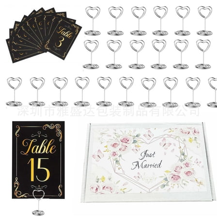 Wedding Party Table Number Cards Black Gold with Heart Place Card Holders