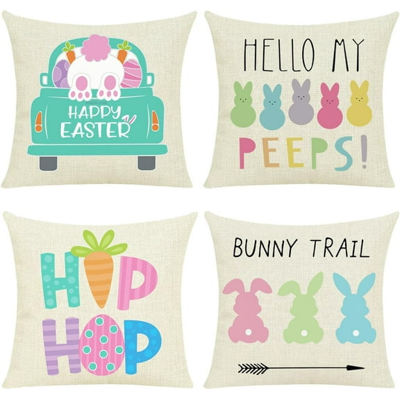 Easter Pillow Covers 18x18 Set of 4, Easter Decorations for Spring Farmhouse Pillows, Bunny Eggs Welcome Peeps Throw Cushion Case for Home Decor