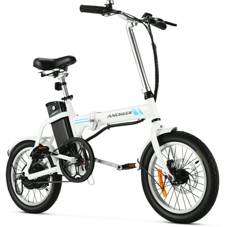 ANCHEER Folding Electric Mountain Bike, Ancheer Folding Electric Bike 16-inch Aluminum Electric Commuter Bicycle with 250W Removable Battery Dual Disc Brakes City E-Bikes for Adults-White,