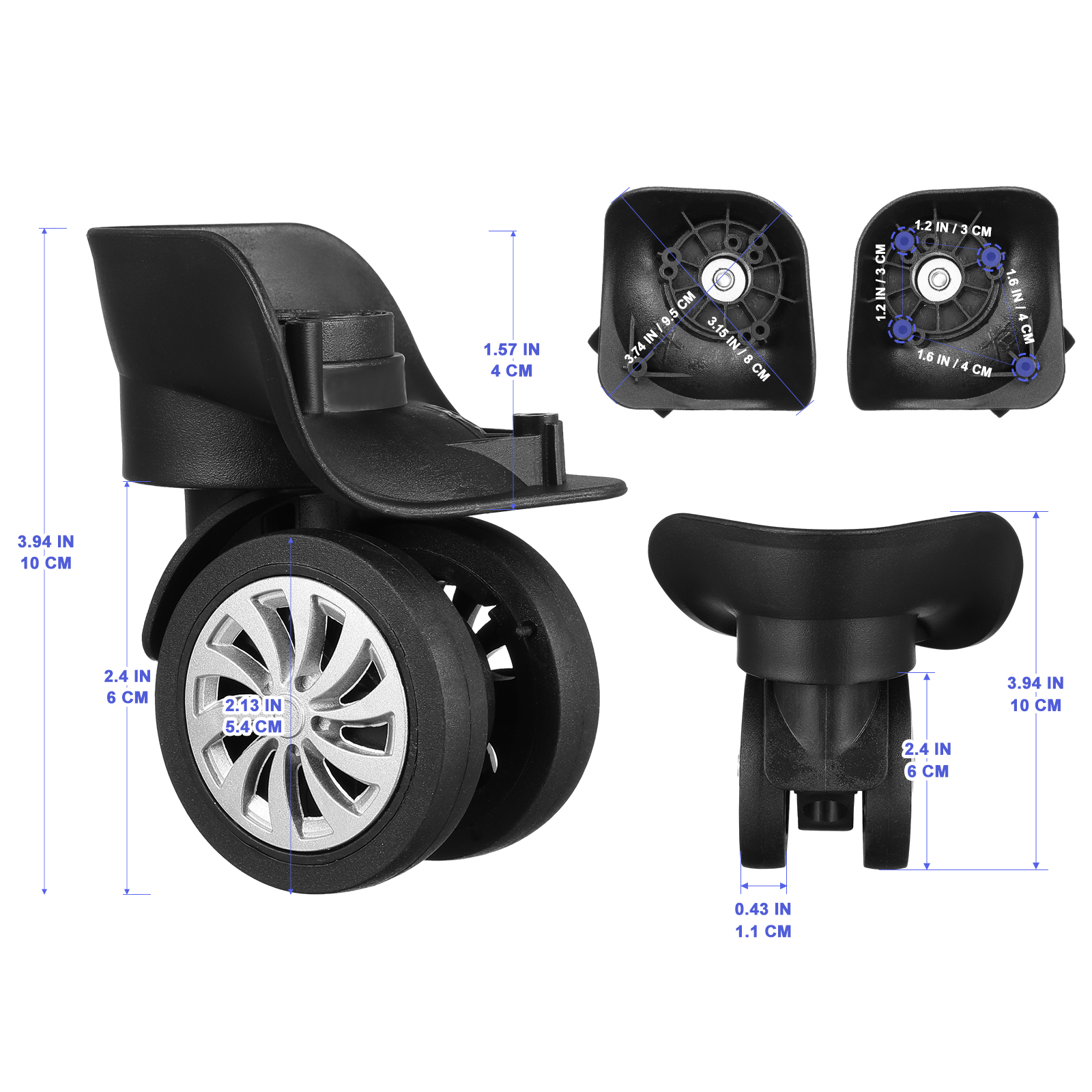 Plate Caster Wheels 4 Pack - 360 Swivel Universal Luggage Suitcase Replacement Wheels - Dual Roller Spare Casters for Repair