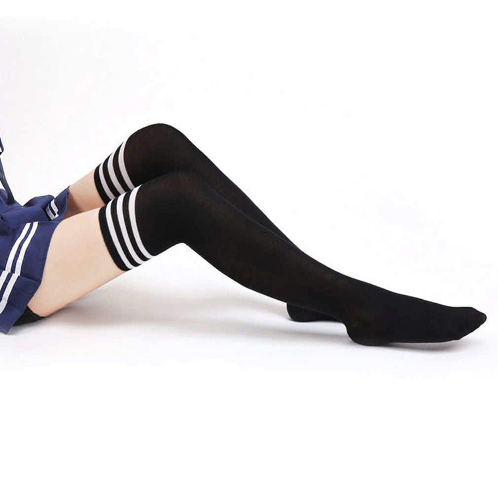 Sex Women Knit Cotton Over The Knee Long Socks Striped Thigh High