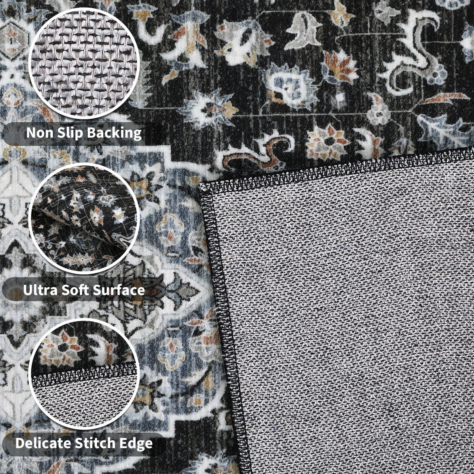 Garvee Vintage Floral Print Area Rug, 8'x10' Washable Rug Stain Resistant Indoor Carpet Non-Slip Low Pile Floor Rugs for Living Room Bedroom Dining Room, Black