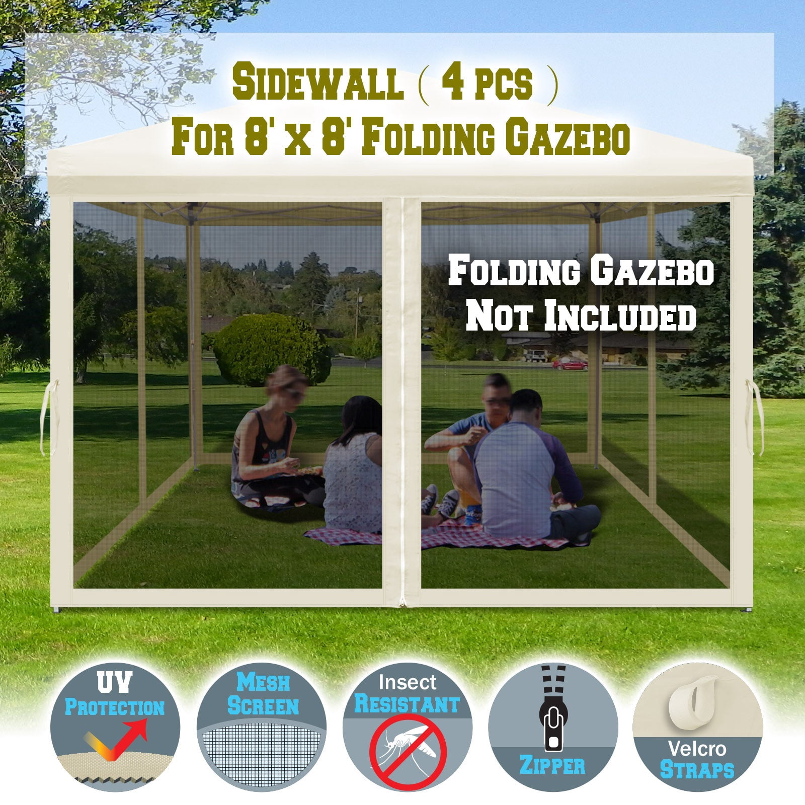 SOLAXO 8'Wx6'H Canopy Replacement Sidewalls Mosquito Netting Screen Walls for 8x8 FT Gazeb, 4 Pack, Ecru