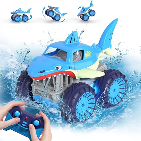 Wall Direct Charge Remote Control Car, Amphibious RC Cars with 2.4Ghz 4WD All Terrain Waterproof RC Shark Monster Truck Toys for Boys Girls 3-12 Years