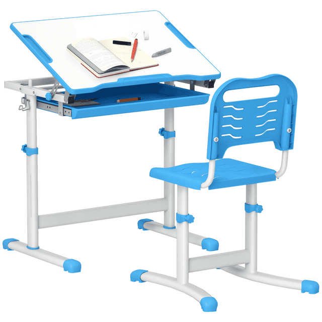 Qaba Height Adjustable Kids Desk and Chair Set with Tiltable Desktop, Blue