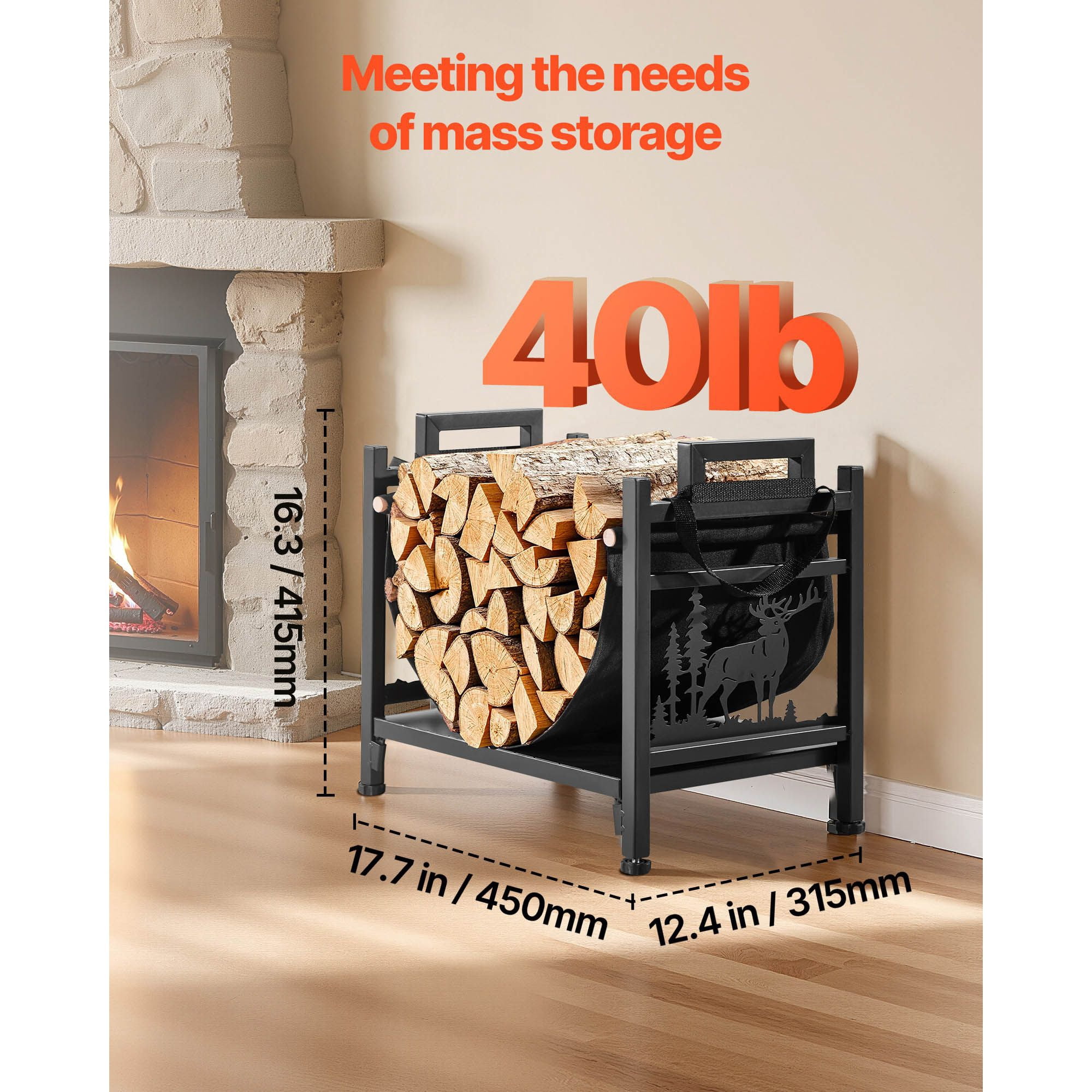 Indoor Firewood Rack 1.5 ft with Canvas Carrier, 40 lbs Capacity, Powder-Coated Steel, for Fireplace Hearth Entryway