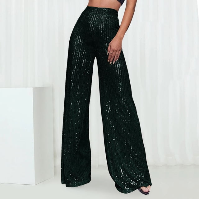 WILLBEST Pantalones Casuales de Lentejuelas de Moda para Mujer, Cintura Alta, Pierna Ancha, Acampanados, Ropa de Discoteca para Mujer, Estilo Brillante, Ajuste Cómodo Chica