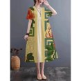 thumbnail image 1 of JUNWELL Summer Traditional Pattern Print Casual Round Neck Short Sleeve Dress Imitation Linen Fabric Dress Light Breathable Comfortable, 1 of 7