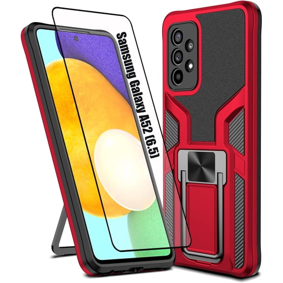 Compatible Samsung Galaxy A52(5G) Heavy Duty Military Grade Shockproof Kickstand Case Double Protection (TPU PC) Solid and Durable Magnetic Car Phone Case, Suitable for 6.5 Inches (Red)