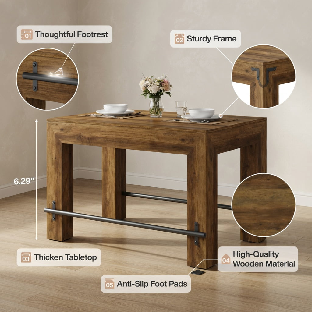 Hommoo 59 Inch Counter Height Bar Table with Metal Footrest, Modern Rectangular Pub Table for Dining Room, Kitchen Island, or Home Bar, Brown