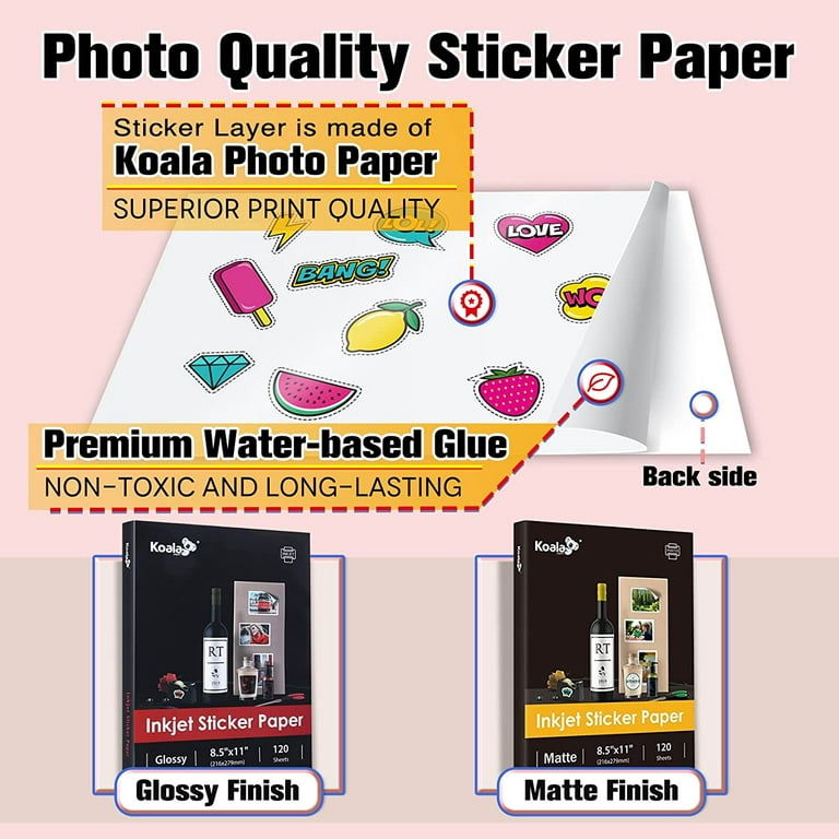 120 Sheets Koala Glossy Sticker Paper for Inkjet Printer, Printable Sticker  Paper White, 8.5x11 Inch Self-Adhesive Photo Sticker Printer Paper 