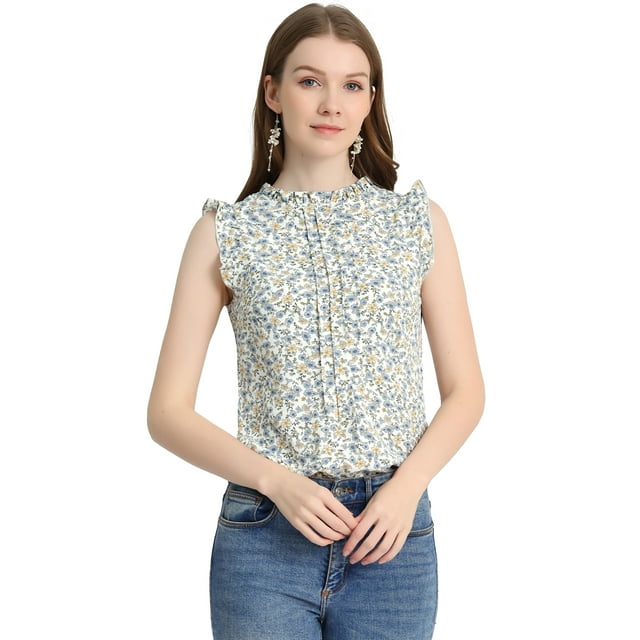 Blusas Elegante Sin Mangas Vintage De La Década De 1950 Con Volantes Para Oficina De Negocios Para Mujer Allegra K Blanco-Floral XL