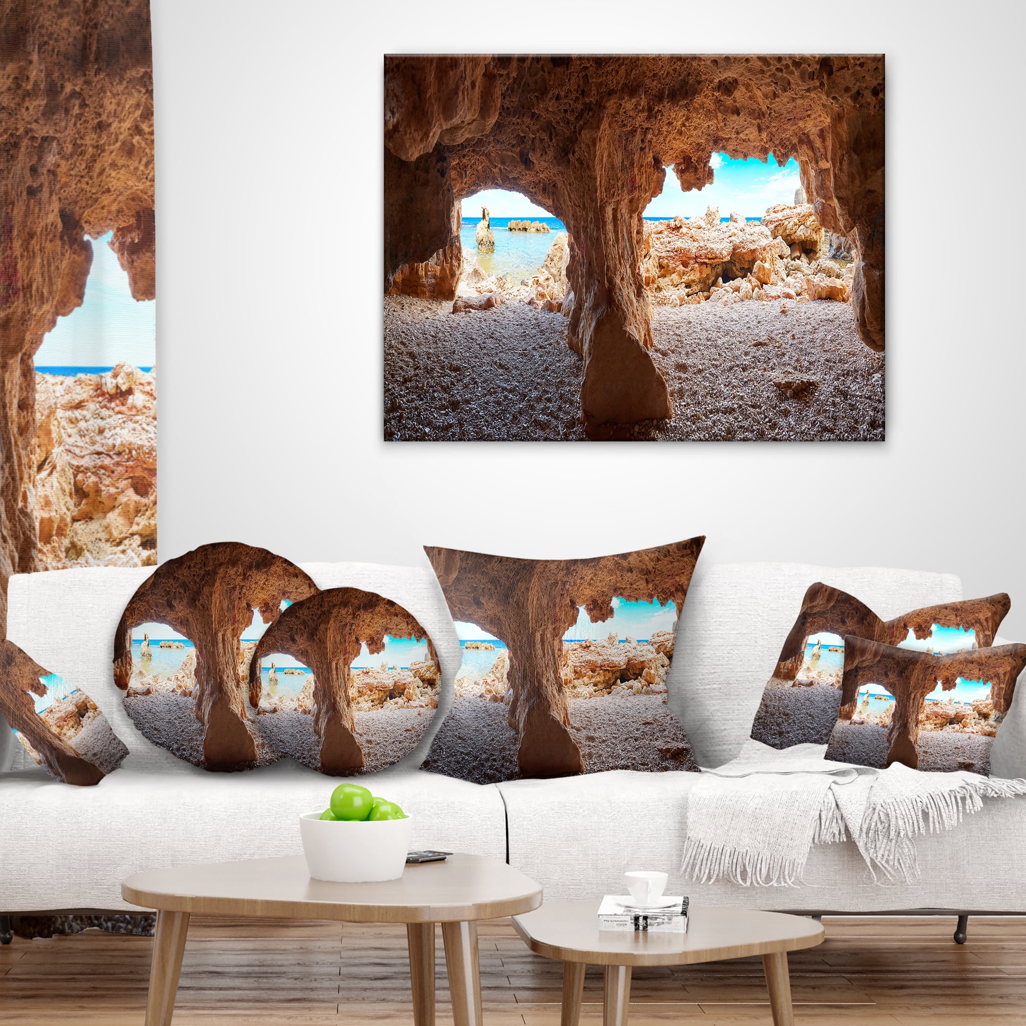 Designart Denia Las rotas Beach Caves - Landscape Printed Throw Pillow - 16x16