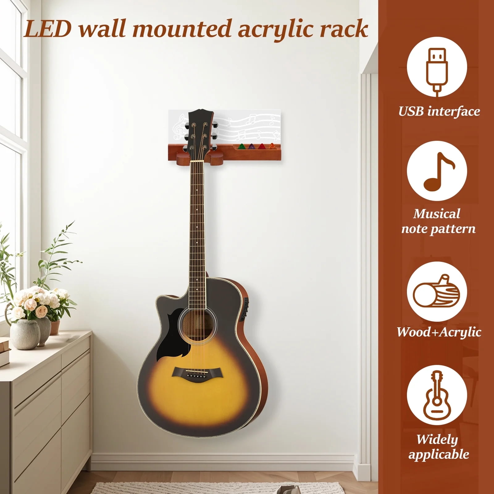 Qiyester 5Pack Guitar Hanger Wall Mount Wooden Bass Stand Instruments Display Shelf with LED Acrylic Pick Holder