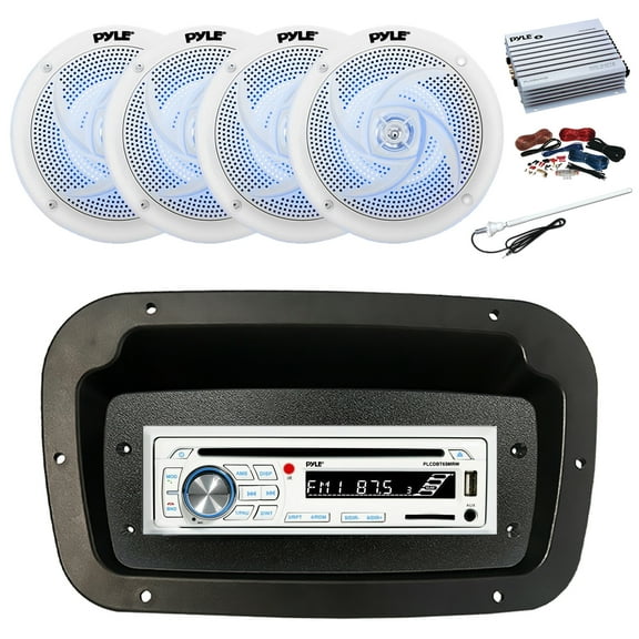 Pyle PLCDBT65 Single DIN Bluetooth Marine CD Stereo Receiver, Spa bezel, Adapter Plate, Long Range Antenna, Amplifier w/Kit, 4x 5.25" 180 Watt Max 2-Way Blue Flashing LED Boat Speakers (White)