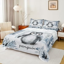 jejeloiu Cute Cartoon Penguin Full Size Sheets,Wild Antarctic Animal Bed Sheets,Gray Blue White Sheet Sets For Boys Girls,Luxury Bedroom Decor,4pcs