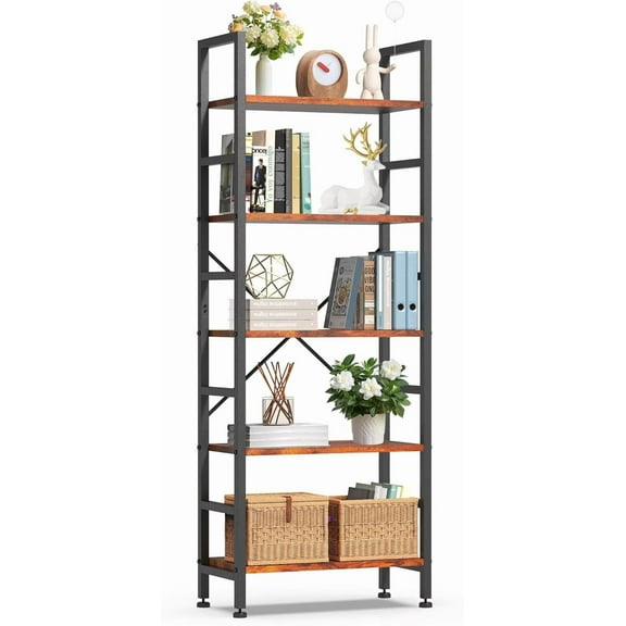QUIOCOZY Bookshelf, 5-Tier Tall Bookcase, Modern Industrial Storage Shelf with Metal and Wood Frame for Home Office, Living Room, Bedroom, Rustic Brown