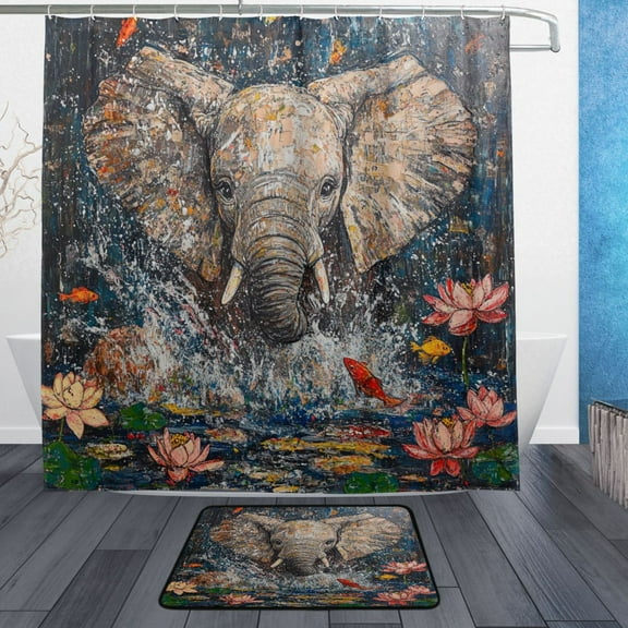 Elephant Bathroom Accessory Sets Waterproof Shower Curtain with Anti-Slip Bath Mat Durable Combo
