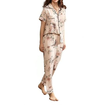 

Womens Pajama Sets Contrast Binding Lapel Sleepwear Beige S