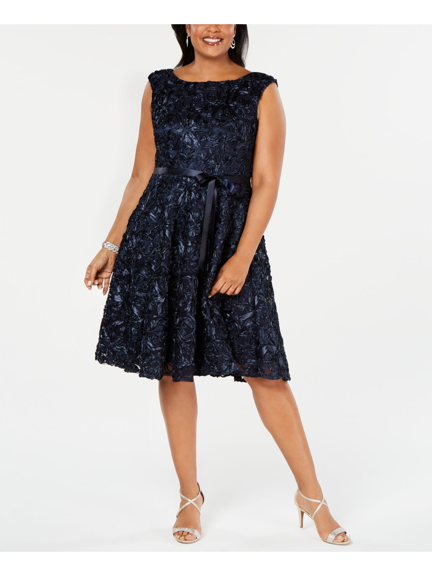 ALEX EVENINGS Womens Navy Embroidered 