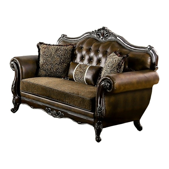 Sena Loveseat, Faux Leather, Rolled Arms, Cherry Brown Solid Wood, 74 Inch