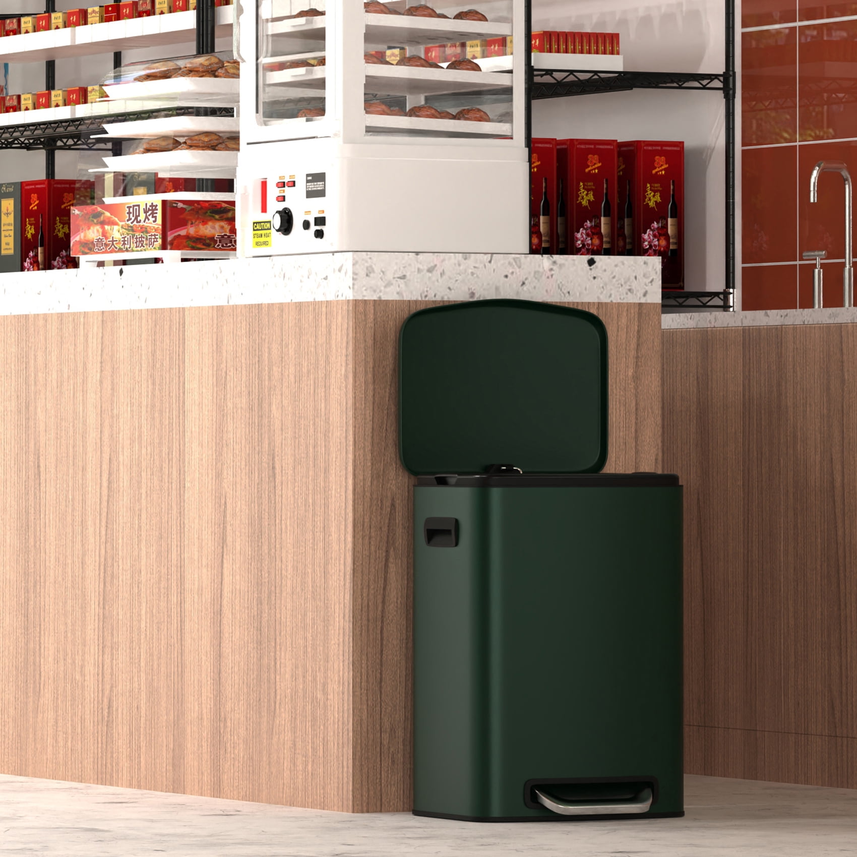 Miniyam 50L/13Gal Hands-Free Stainless Steel Trash Can with Foot Pedal, Fingerprint-Resistant Soft Close Lid Garbage Can, Green
