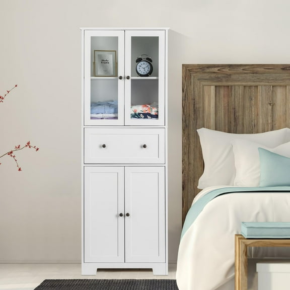 EasingRoom 64â White Pantry Cabinet, Tall Bathroom Storage Cabinet Floor with 2 Glass Doors and Adjustable Shelves, Kitchen Cupboard for Dinning Room Laundry & Utility Room, White