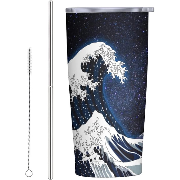 Japanese Great Wave Astronaut Sky Tumbler Cup with Lid And Straw,20oz Insulated Double Wall Stainless Steel Travel Coffee Tumbler Mug