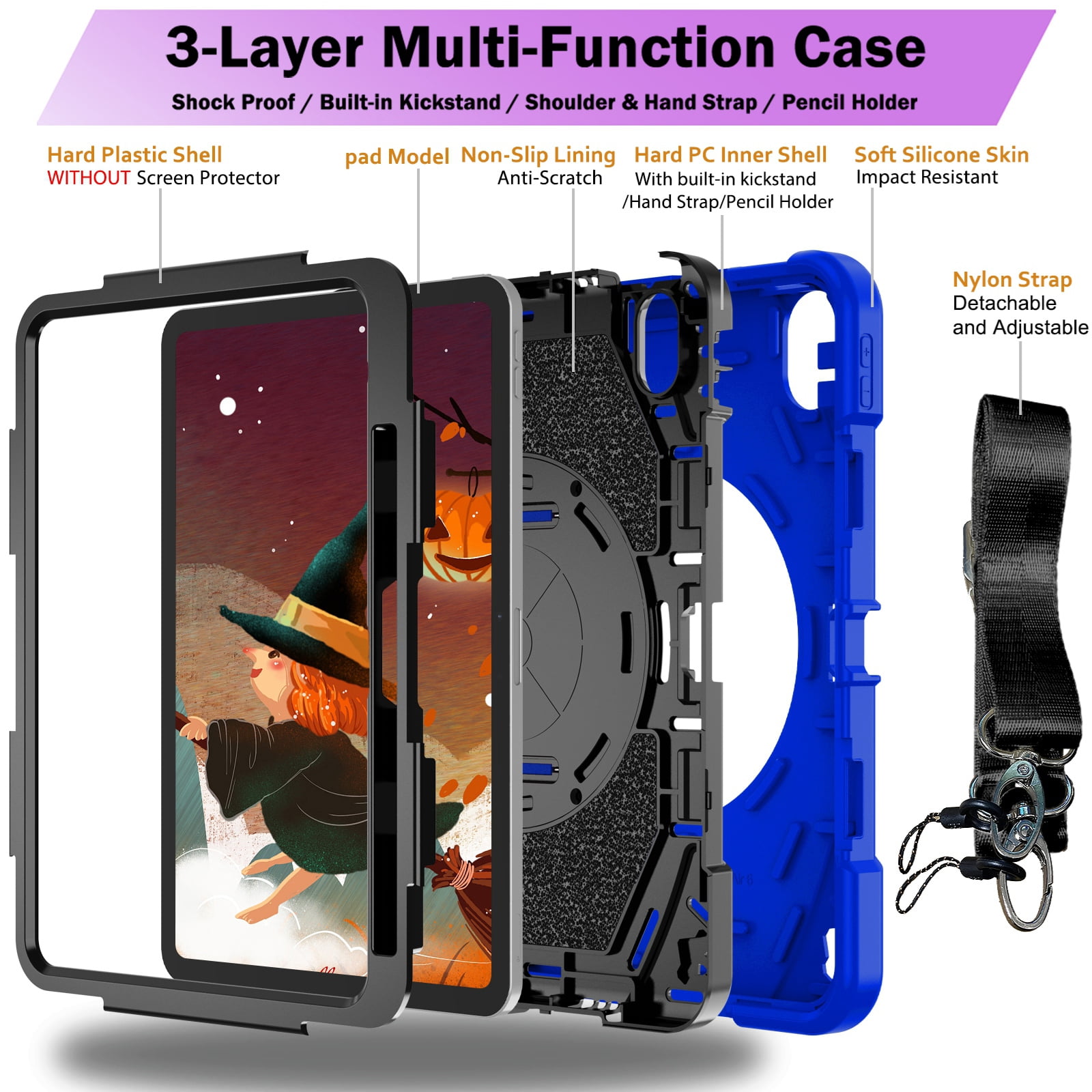 ELEHOLD Case for Apple iPad 10th Gen, Heavy Duty Shockproof Case with Pencil Holder/Stand/Hand Strap/Shoulder Belt, Rugged Protective Cover for Boys Girls,Blue