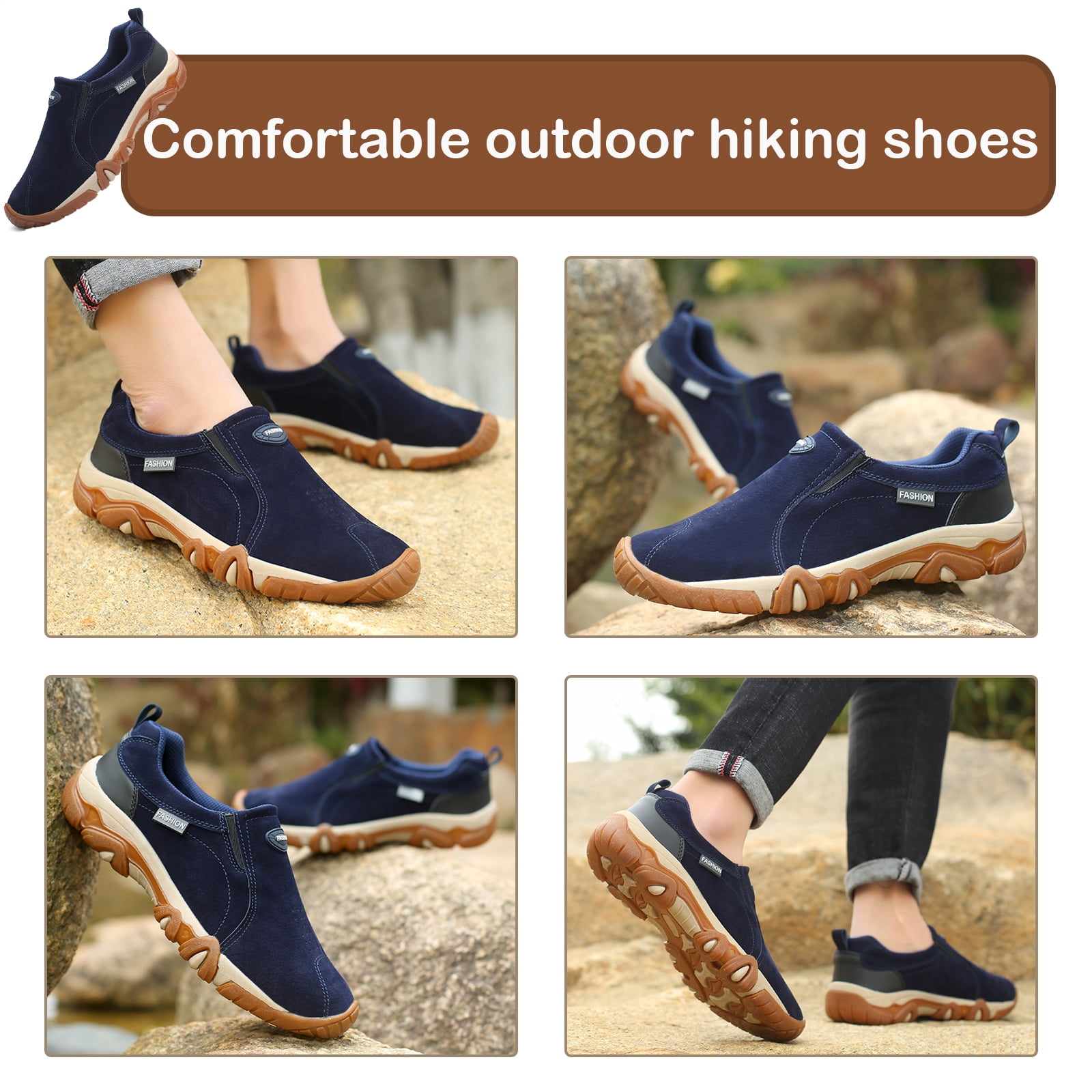 Hiking Shoes for Men Laceless Suede Breathable Slip Resistant Boots Lightweight Sneakers for Outdoor Walking Trekking Trail