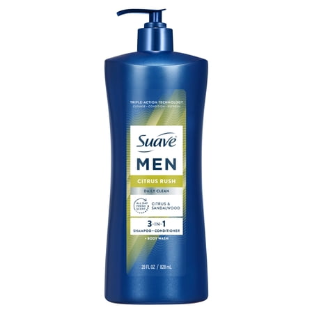 Suave Men Citrus Rush 3-in-1 Shampoo, Conditioner & Body Wash with Glycerin & Keratin, 28 OZ