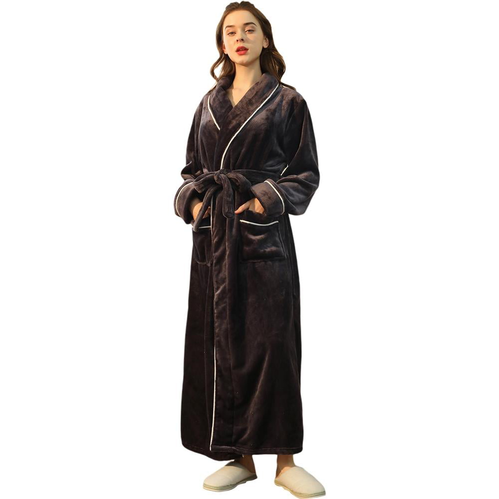 Womens Robe Long Fleece Bathrobe Warm Waist Belt Super Soft Spa Plush Full Length Bath Robe with Shawl Collar Pockets
