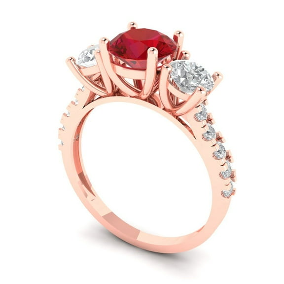 1.97 ct Round Cut Simulated Pink Tourmaline Three-Stone Engagement Ring for Women in 18K Rose Gold