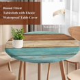 thumbnail image 4 of Farmhouse Aqua Brown Round Tablecloth, Fitted Table Cover with Elastic for 36"-44" Round Tables, Vintage Wooden Striped Table Cloth Outdoor Indoor Dinning Party Waterproof Tablecloths, 4 of 7