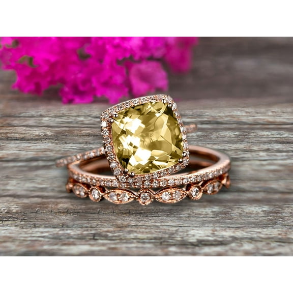 Art Deco 3.05 Carat 7mm Cushion Cut Champagne Diamond Moissanite Wedding Ring Set On 10k Rose Gold Engagement Ring Matching Wedding Band Imaginative Gift