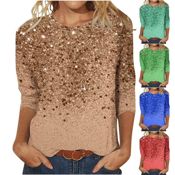 THDHVS Shirts for Women,Womens Long Sleeve Tops,Womens Glitter 3 4 Sleeve Top Loose Fits Metallic Print Casual Blouse