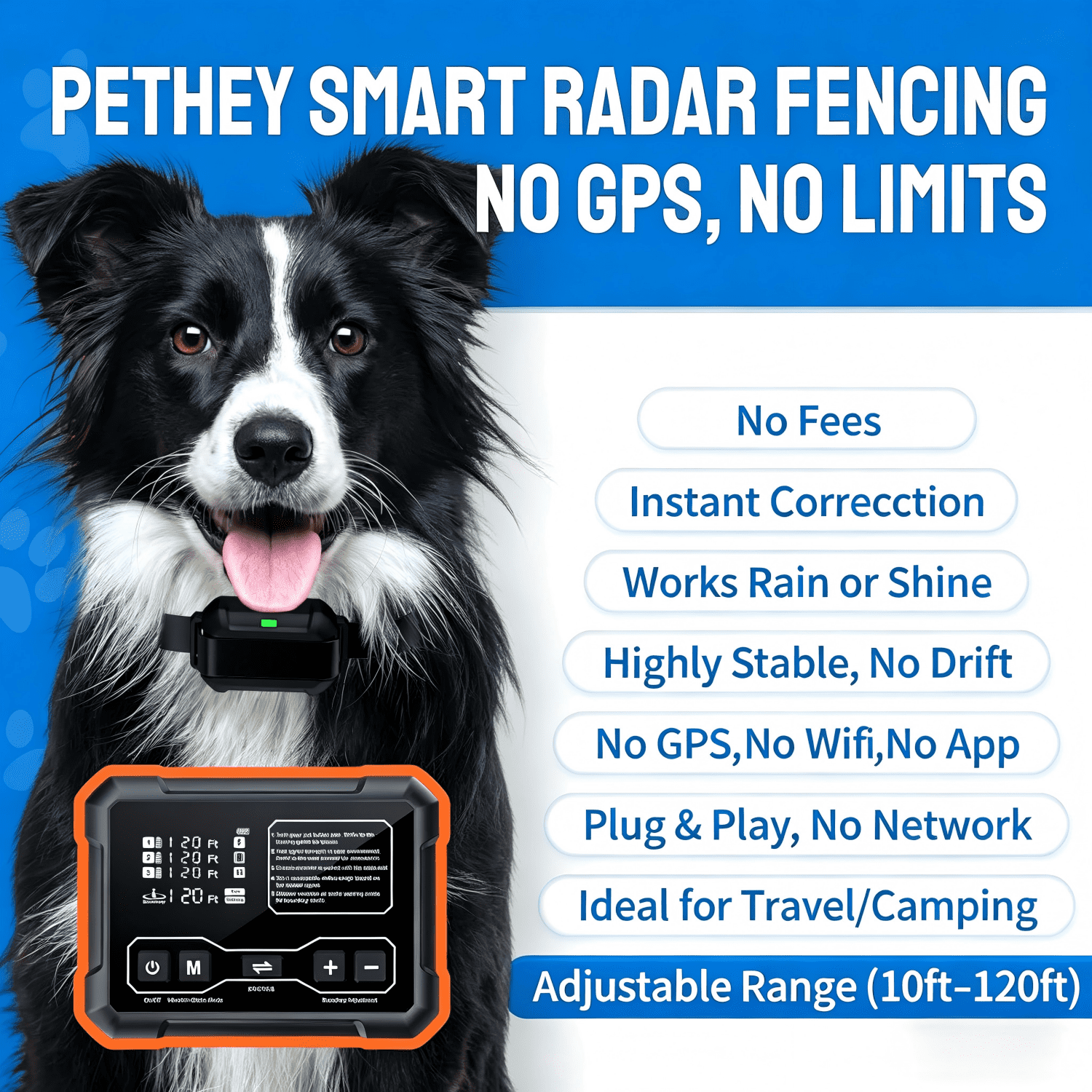 Wireless Dog Fence for 3 Dogs – 10-120ft Adjustable Range, 1 Acre High-Precision Radar Wireless Dog Fence System, IPX7 Waterproof Collar for Indoor/Outdoor(1 Collars)