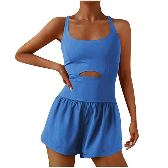 Fmbrln Womens Summer Workout Rompers Casual Sleeveless Comfy Breathable Running Athletic Short Jumpsuits Yoga Gym Outfits Blue XL