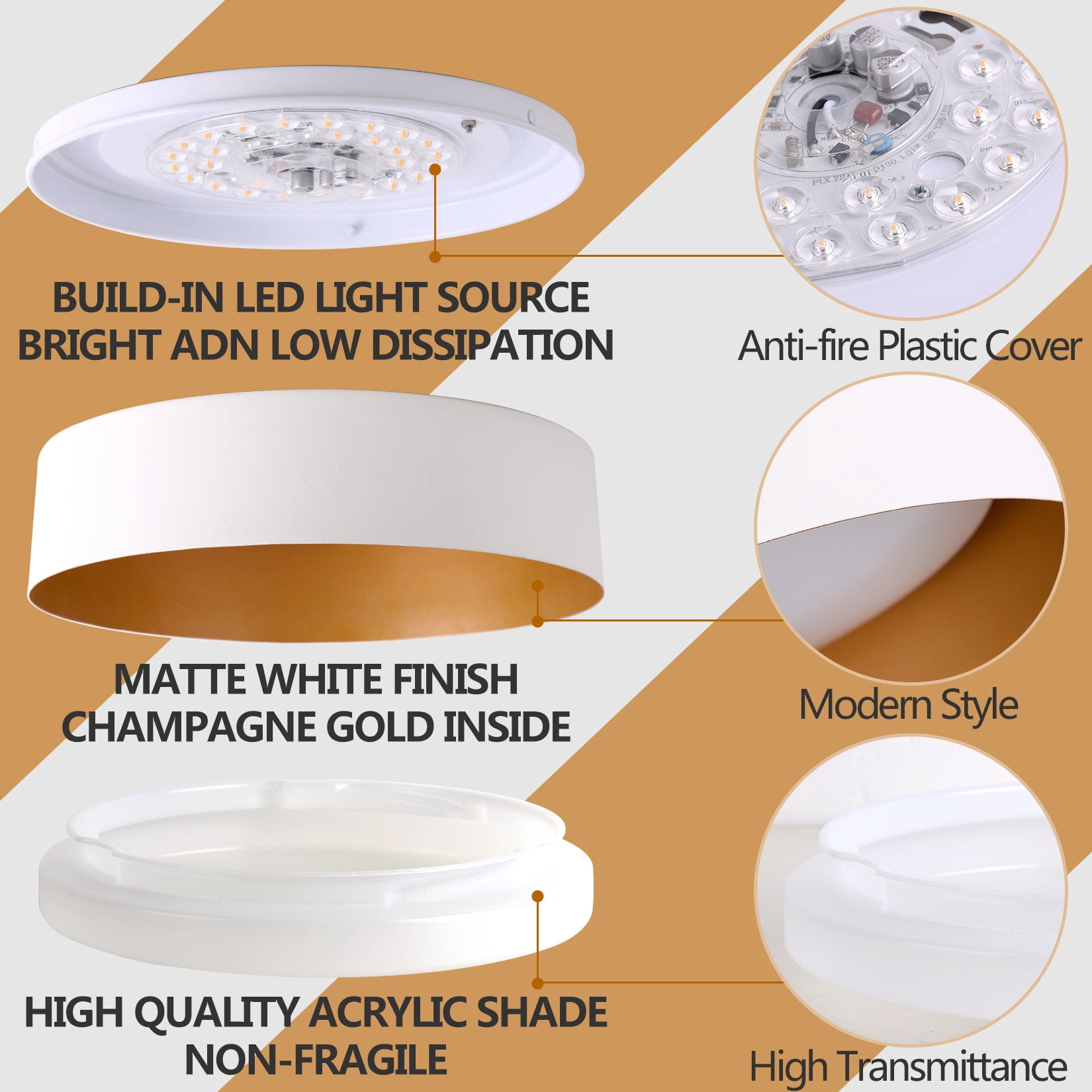 BESTOMINE LED Ceiling Light Fixture,12.5 inch Flush Mount Light Fixture,Matte White with Gold Inside,Dimmable 3000K/Warm White/18W(100w Equiv.),Outdoor Lighting Fixtures Ceiling for Bedroom Hallway