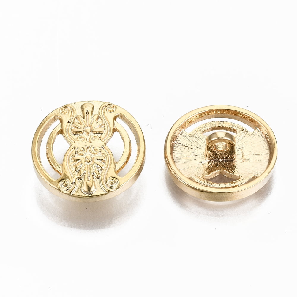 Brass Shank Buttons Nickel Free Hollow Flat Round with Flower Pattern Real 18K golden Plated 17x6mm Hole: 2mm