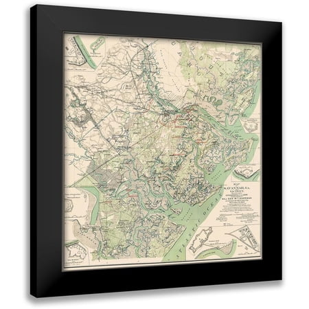 Sherman 12x13 Black Modern Framed Museum Art Print Titled - Savannah Georgia and Vicinity - Sherman 1864