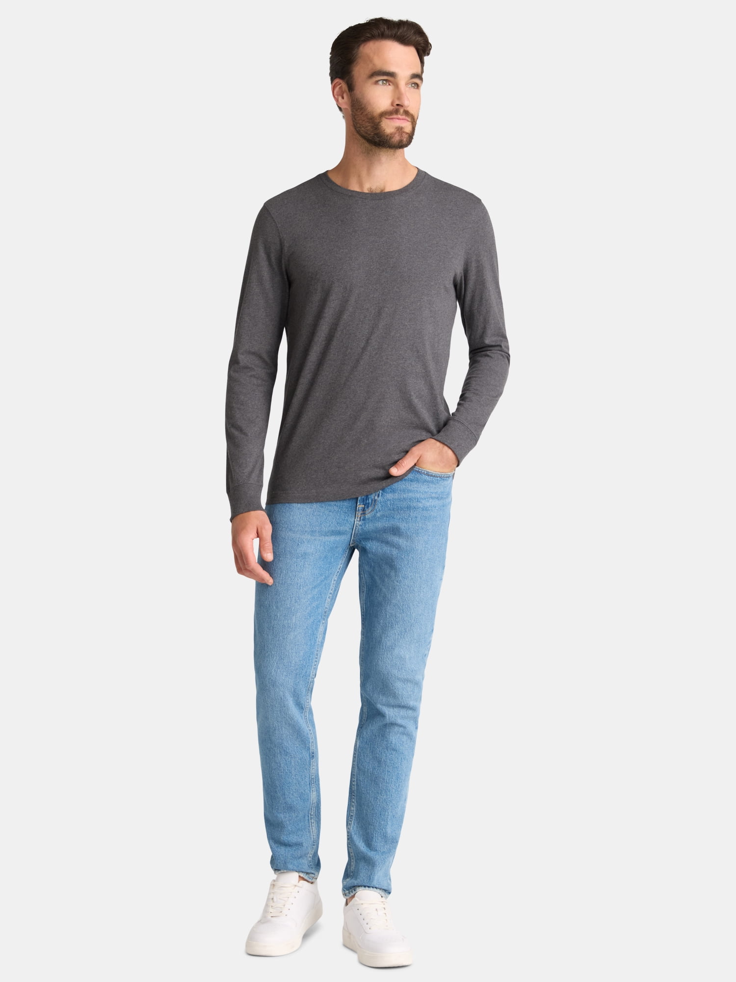 George Men's and Big Men's Cotton Crewneck Tee with Long Sleeves, 3-Pack, Sizes XS-3XL