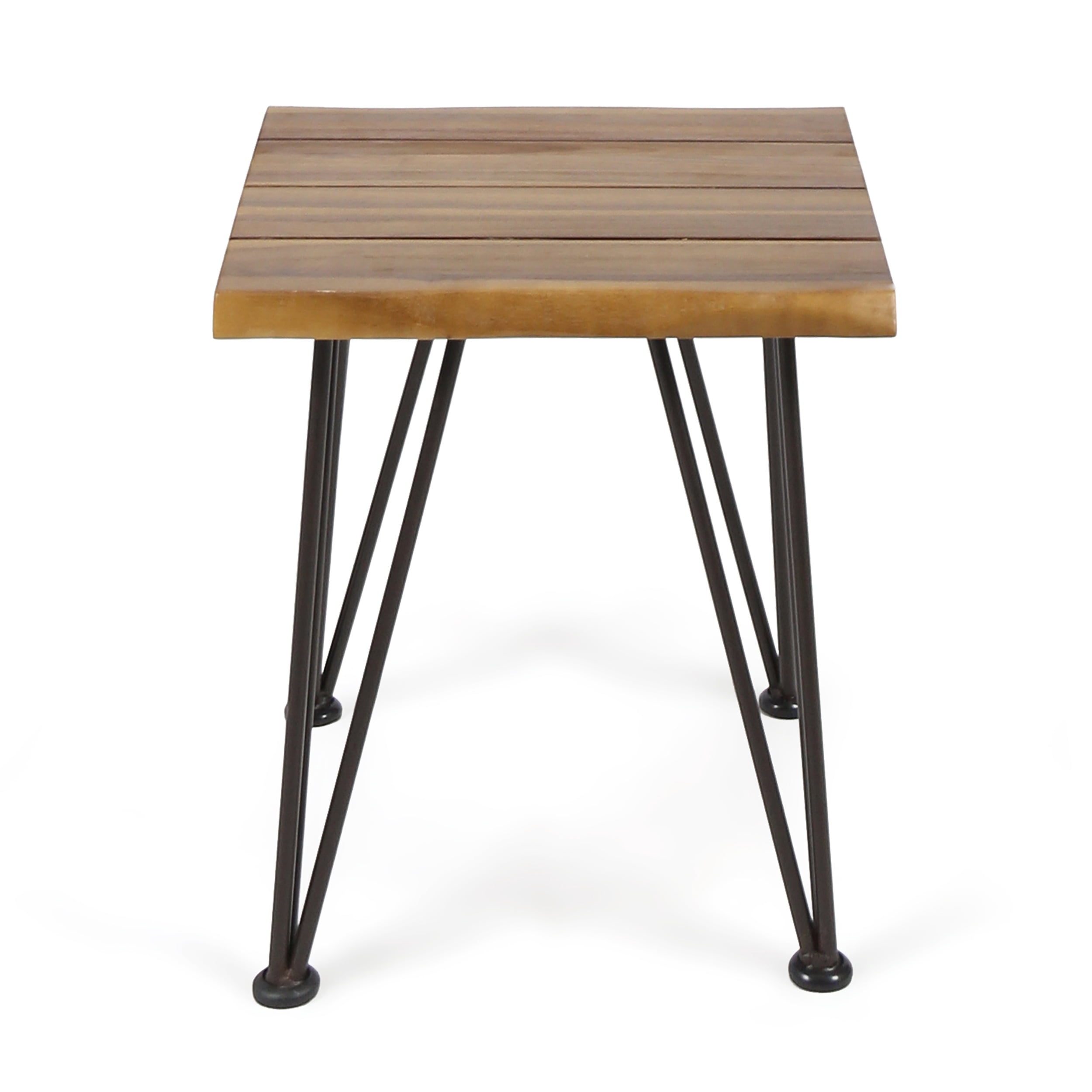 Outdoor Industrial 3 Piece Acacia Wood End Table Chat Set with Rustic Metal Finish Iron Frame,Teak
