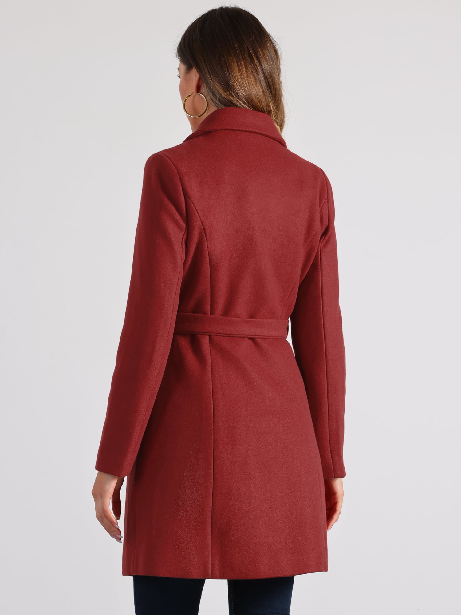 DARING DIVA Women's Double Breasted Slant Pocket Button Down Belted Coats Dark Red S