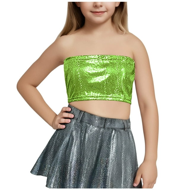 Diufon Girls Sparkly Tops Trendy Backless Party Wrap Crop Tops Performance Dance Strapless Top for Teen