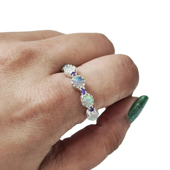 Opal & Tanzanite Gemstone Ring, 925 Sterling Silver, CZ Womens Ring, Natural Opal & Tanzanite, Genuine Birthstone, Christmas, Thanksgiving, Tiny Band Ring, Statement Jewelry, Wedding, Stackable Ring
